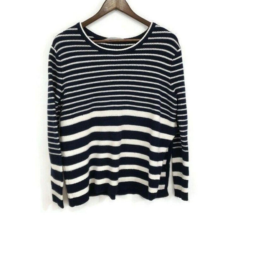 Athleta Womens Navy Blue Striped Sweater Size S Side Slit Knit Round Neck White